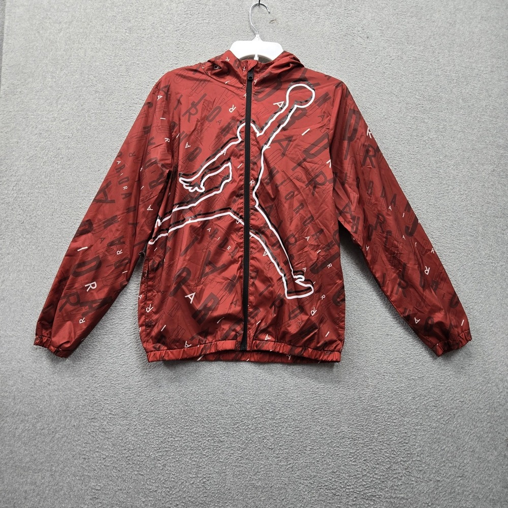 Jordan Boys Jacket XL Red Windbreaker Jumpman Logo Spellout Allover Print Hooded